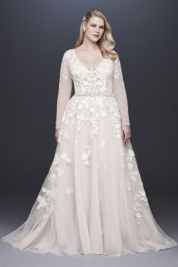 Illusion Sleeve Plunging Plus Size Wedding Dress 9SWG820