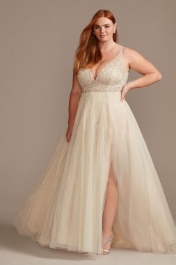 Beaded Plunging-V Illusion Plus Size Wedding Dress 9SWG837