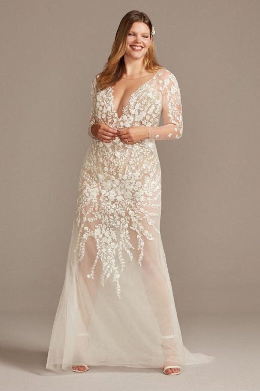 Floral Illusion Plus Size Bodysuit Wedding Dress 9SWG851