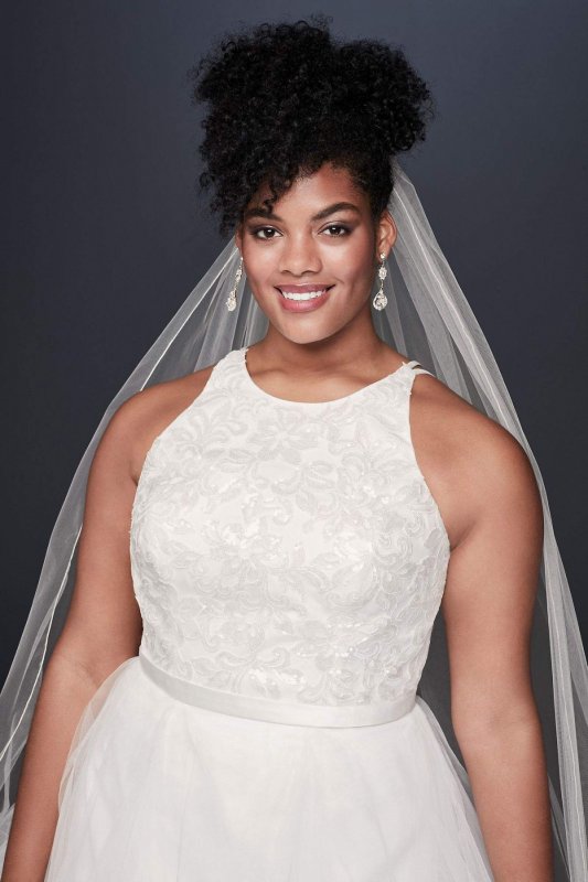 Floral Sequin Tiered Plus Size Wedding Dress 9V3901