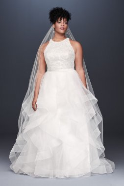 Floral Sequin Tiered Plus Size Wedding Dress 9V3901