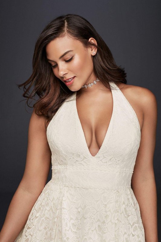 Plunging Lace Halter Plus Size Wedding Dress 9WG3844