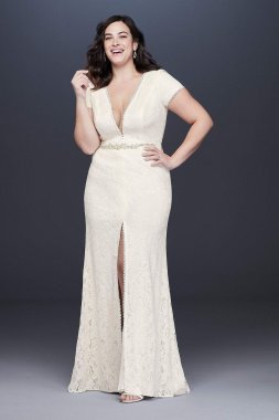 Illusion V-Neck Cap Sleeve Plus Size Wedding Dress 9WG3951