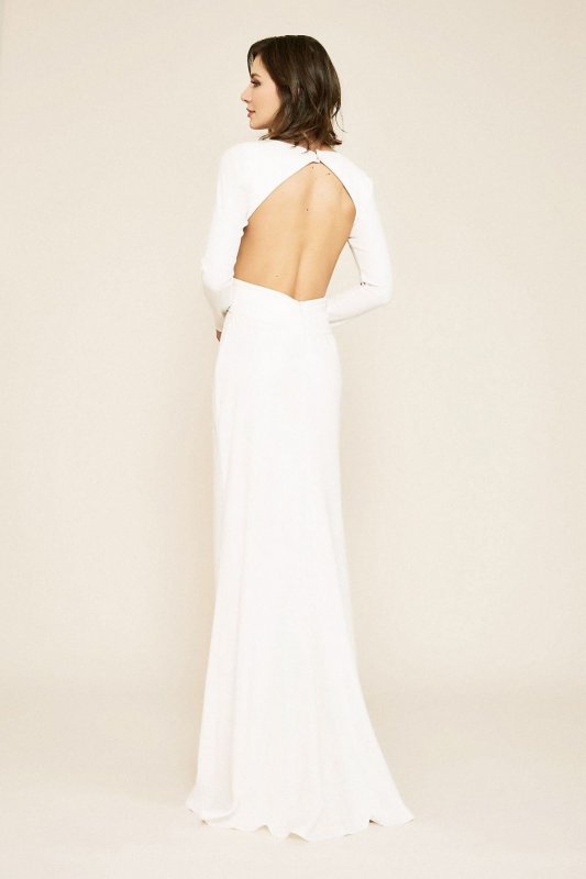 Long Sleeve Crepe V-Neck Sheath Wedding Dress ALG19142LBR
