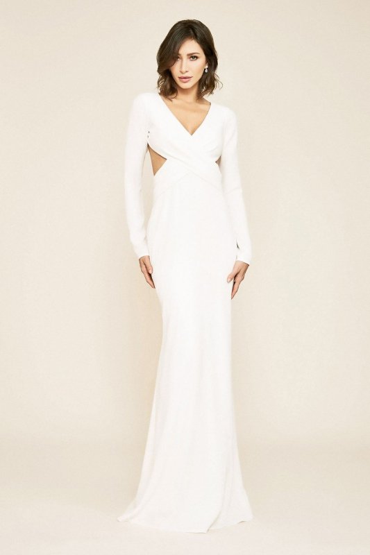 Long Sleeve Crepe V-Neck Sheath Wedding Dress ALG19142LBR