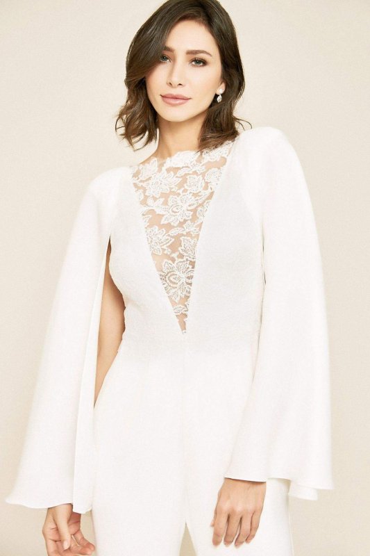 Farrell Crepe Lace Overlay Cape Sleeve Jumpsuit ALG19251YBR