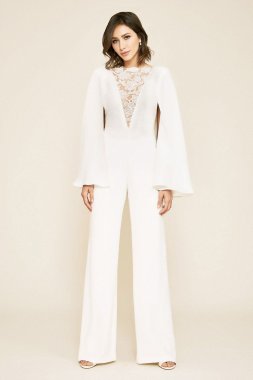 Farrell Crepe Lace Overlay Cape Sleeve Jumpsuit ALG19251YBR