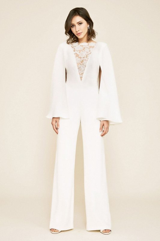 Farrell Crepe Lace Overlay Cape Sleeve Jumpsuit ALG19251YBR