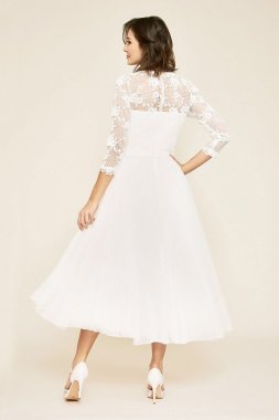 Tea-Length Pleated 3/4 Sleeve Wedding Dress BKQ19606MDBR