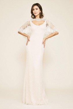 Elbow Sleeve Sheath Wedding Dress with Beading BKV19771LBR