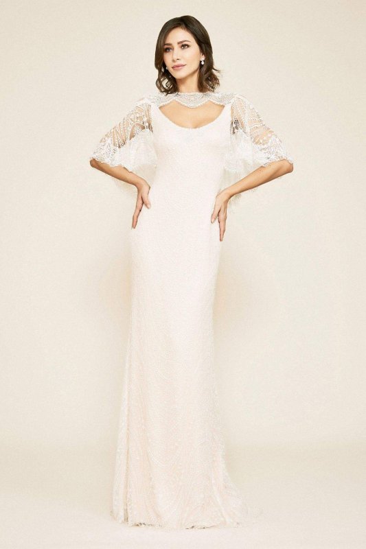 Elbow Sleeve Sheath Wedding Dress with Beading BKV19771LBR