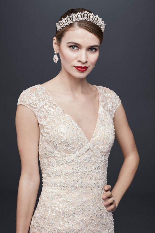 Cap Sleeve Plunging V-Neck Sheath Wedding Dress CWG807