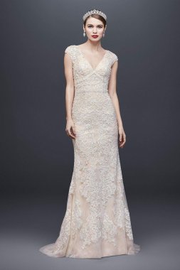 Cap Sleeve Plunging V-Neck Sheath Wedding Dress CWG807