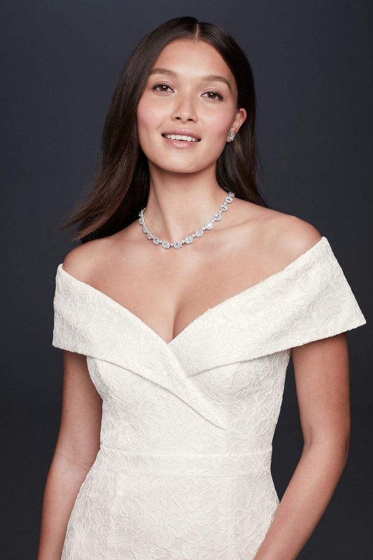 Cuffed Off-the-Shoulder Lace Sheath Gown with Slit DB1531