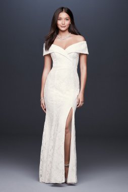 Cuffed Off-the-Shoulder Lace Sheath Gown with Slit DB1531