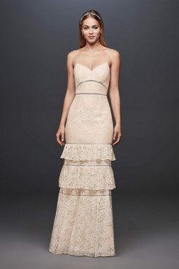 Tiered Lace Sheath Gown with Openwork Insets DS870026