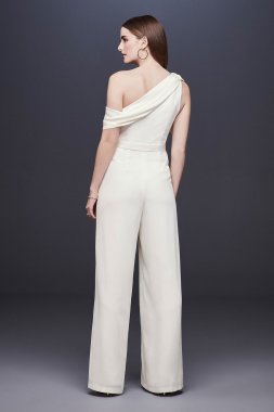 One-Shoulder Crepe Wedding Jumpsuit with Bow DS870059