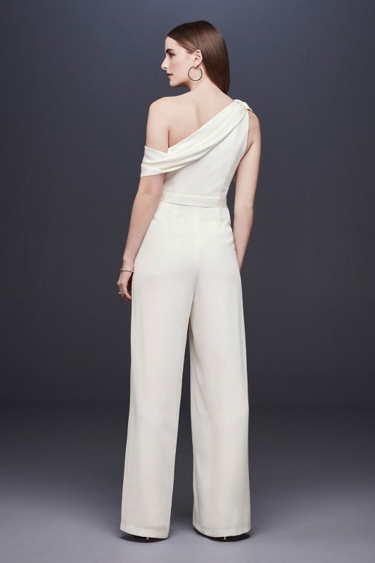 One-Shoulder Crepe Wedding Jumpsuit with Bow DS870059