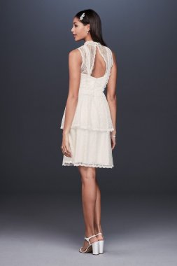 Tiered Lace Short Dress with Illusion High Neck DS870109