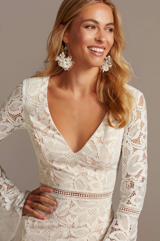 V-Neck Short Lace Dress with Illusion Bell Sleeves DS870165