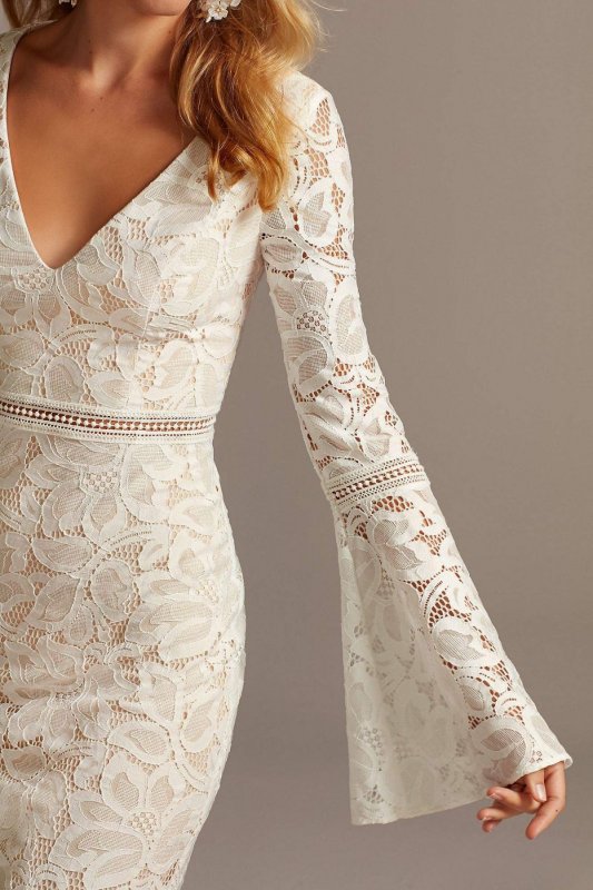 V-Neck Short Lace Dress with Illusion Bell Sleeves DS870165