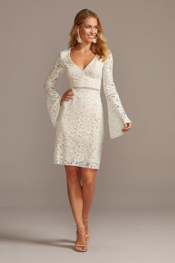 V-Neck Short Lace Dress with Illusion Bell Sleeves DS870165