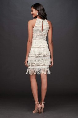 Crochet High-Neck Sheath Dress with Fringe Aidan Mattox MN1E204004