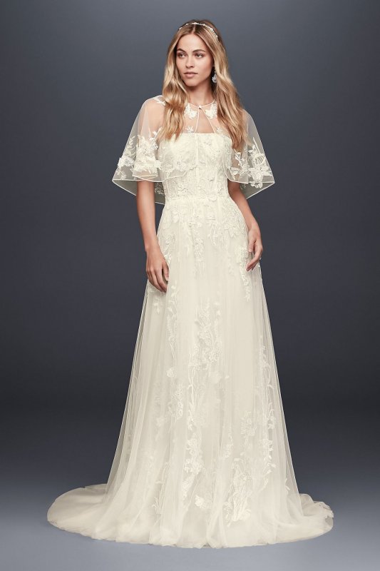 Trailing Floral Lace Wedding Gown with Capelet MS251186