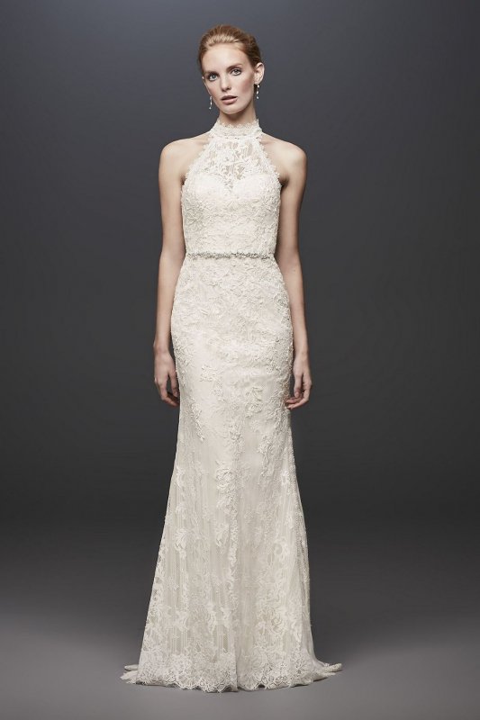 Lace High-Neck Halter Sheath Wedding Dress MS251192