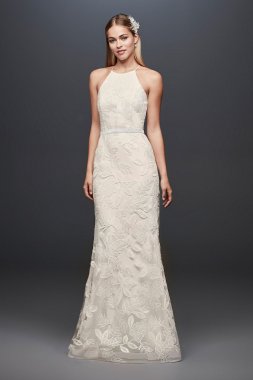 Sequin Leaf-Appliqued High Neck Sheath Gown SDWG0686