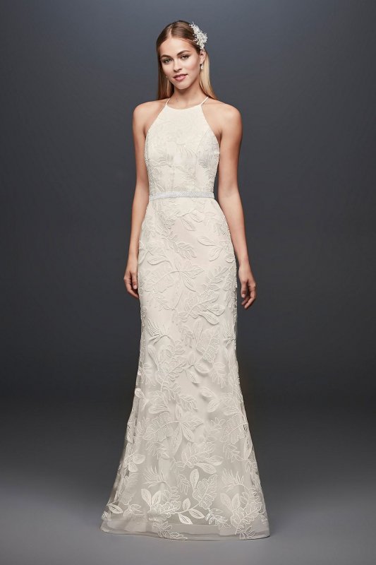 Sequin Leaf-Appliqued High Neck Sheath Gown SDWG0686