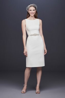 Short Stretch Crepe Wedding Dress with Beaded Belt SDWG0696