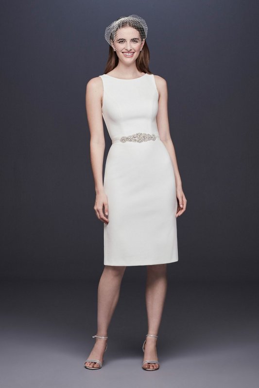 Short Stretch Crepe Wedding Dress with Beaded Belt SDWG0696