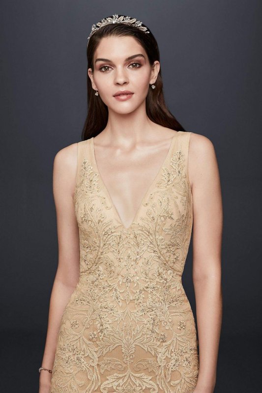 Beaded Plunging V-Neck Wedding Dress with Godets SWG798