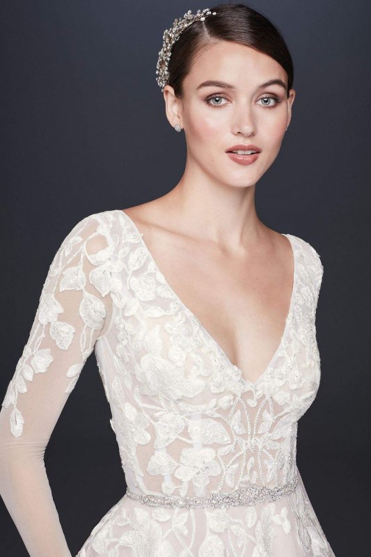 Illusion Sleeve Plunging Ball Gown Wedding Dress SWG820