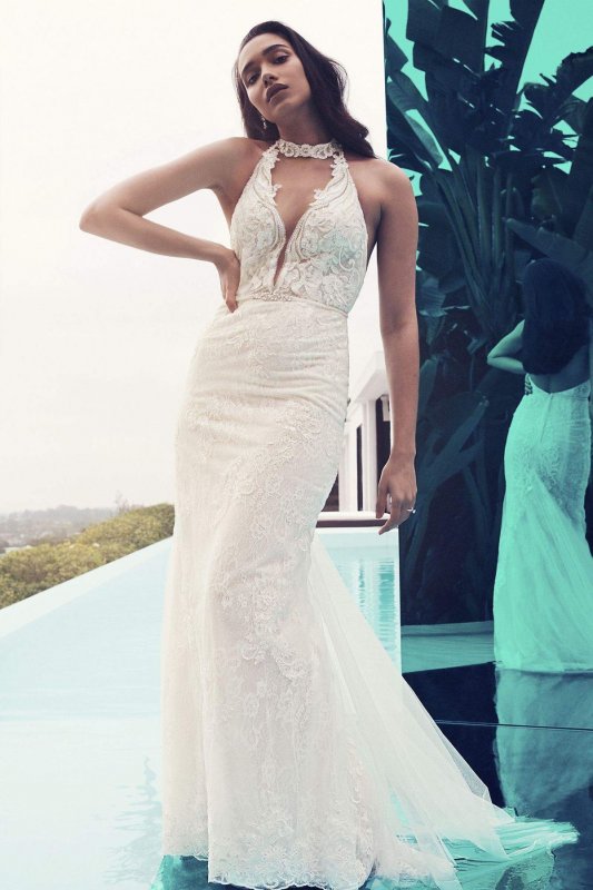 Plunge Neckline Lace Halter Wedding Dress SWG825