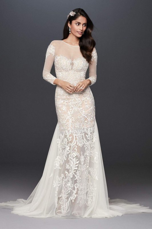 Illusion Applique and Tulle Godet Wedding Dress SWG827