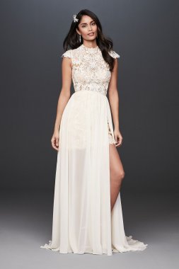 High-Neck Lace Bodice Wedding Dress with Overskirt SWG828