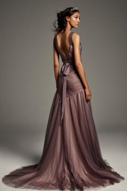 Pleated Tulle Wedding Dress with Grosgrain Waist VW351462