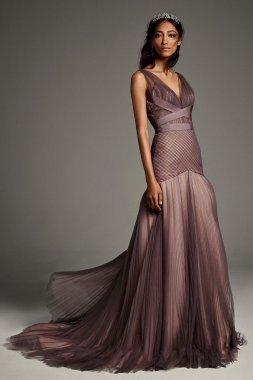 Pleated Tulle Wedding Dress with Grosgrain Waist VW351462