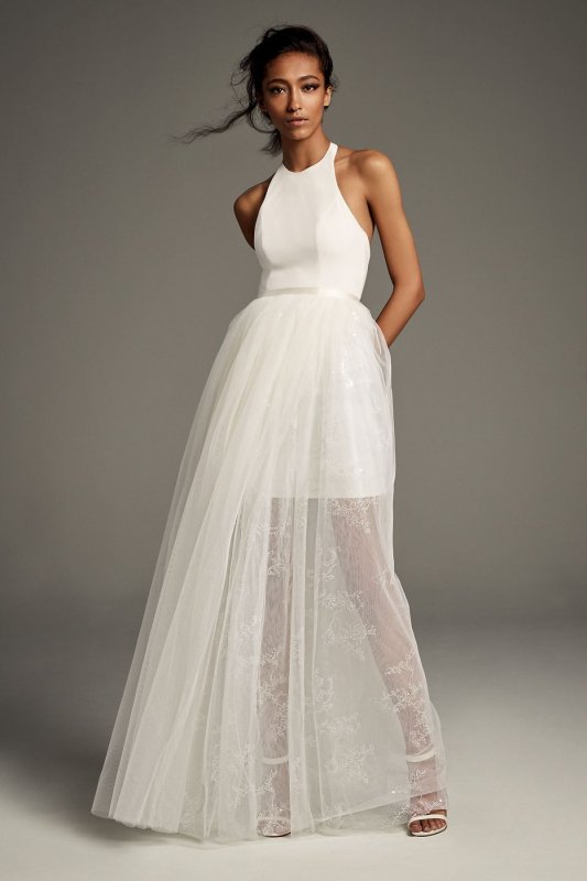 Crepe Mini Dress with Sequined Tulle Overskirt VW351474