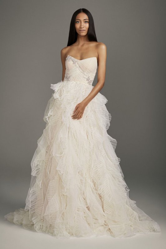 Jeweled Applique Pleated Organza Wedding Dress VW351488