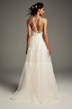 Tulle-Over-Sequin Halter Gown with Peasant Skirt VW351496