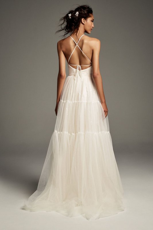 Tulle-Over-Sequin Halter Gown with Peasant Skirt VW351496