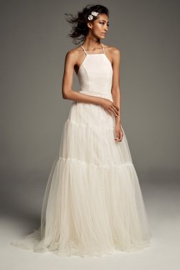Tulle-Over-Sequin Halter Gown with Peasant Skirt VW351496