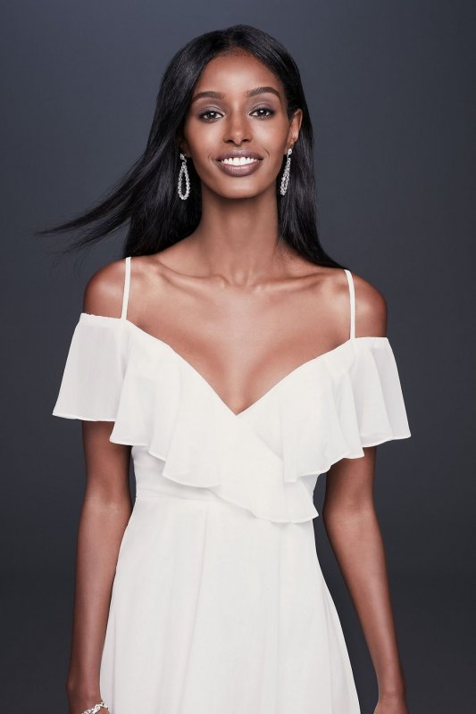 Flounced Cold Shoulder Short Faux-Wrap Dress W60034