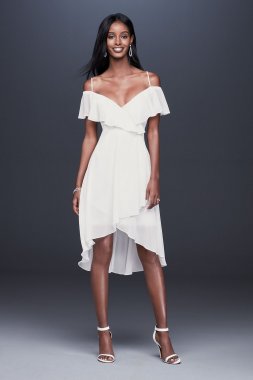 Flounced Cold Shoulder Short Faux-Wrap Dress W60034