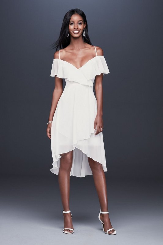 Flounced Cold Shoulder Short Faux-Wrap Dress W60034