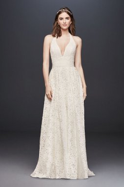 Plunging Lace Halter Ball Gown Wedding Dress WG3844