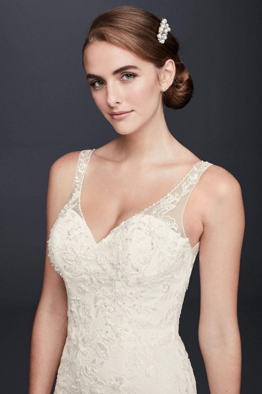 Lace Appliqued Stretch Crepe Sheath Wedding Dress Collection WG3874